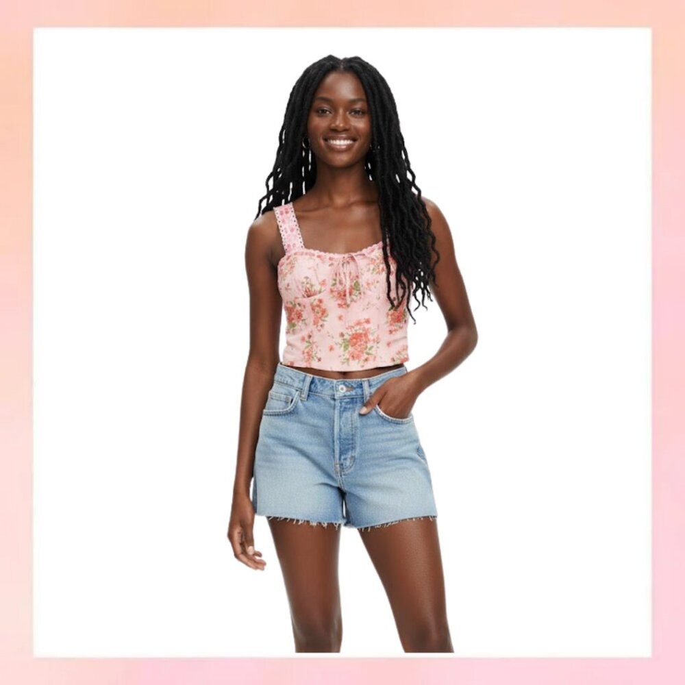 Thirty/Thirty L/A Floral Smocked Corset Top Pink Lace Trim NWT Size XS